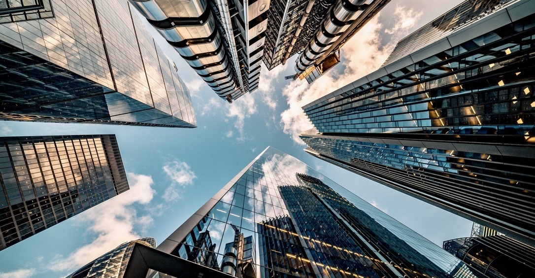 View directly at the skyline of the Financial District in central London